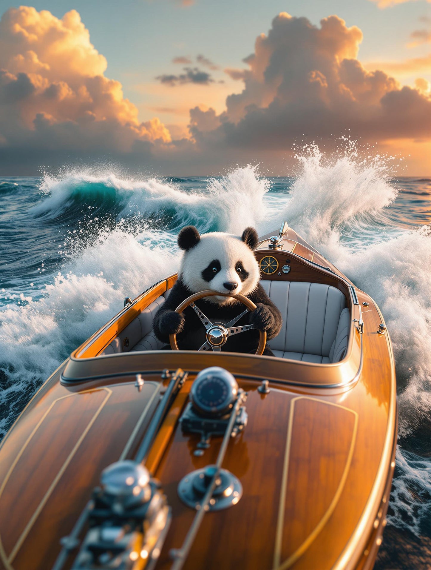 Panda au Volant d’un Yacht sur Mer Agitée | Jean-Pierre Prieur - Mystic Art