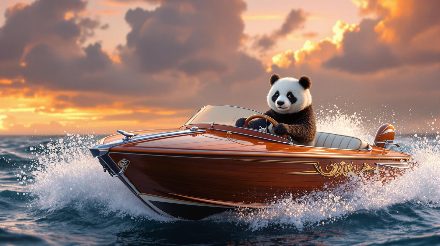 Panda en barco rojo bajo el atardecer dorado | Ilustración de Jean-Pierre Prieur