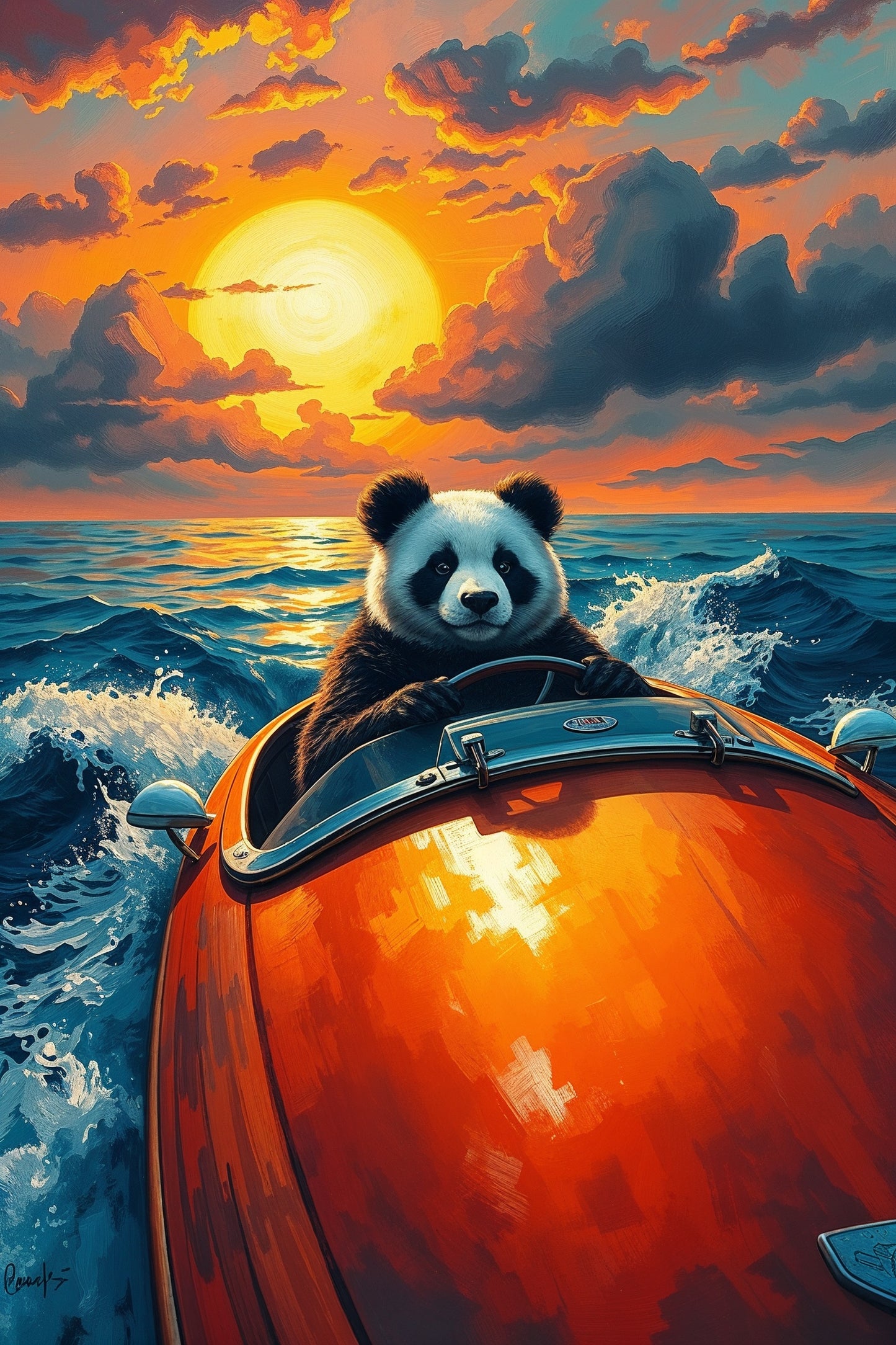 Panda en barco rojo bajo el atardecer dorado | Ilustración de Jean-Pierre Prieur