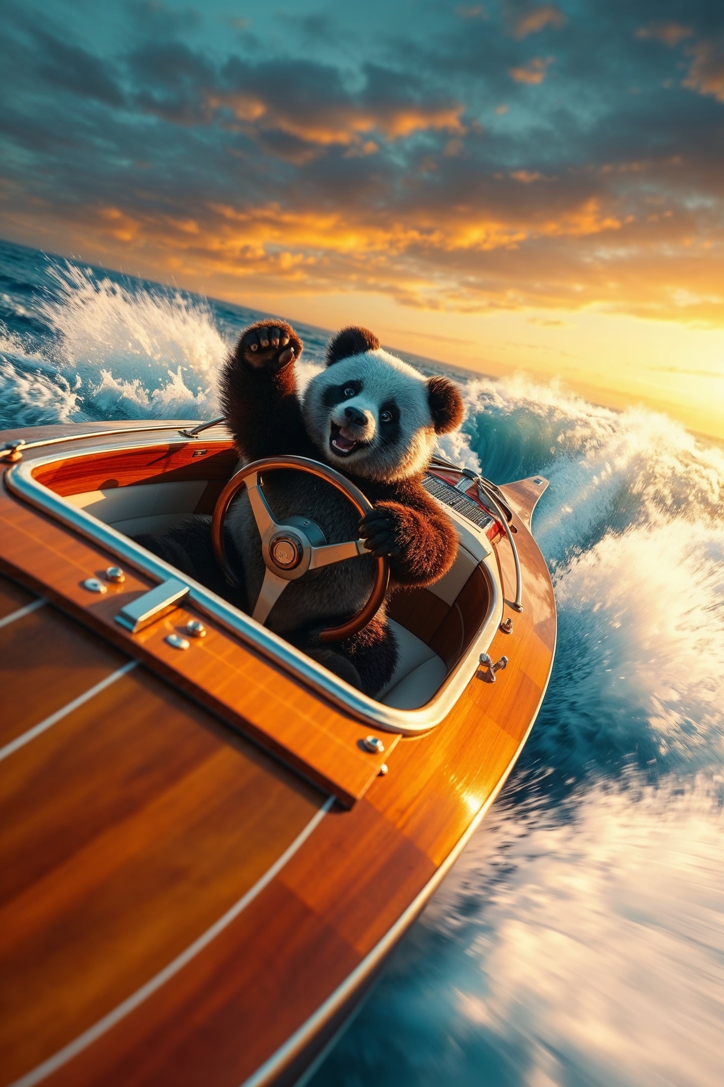 Panda en barco rojo bajo el atardecer dorado | Ilustración de Jean-Pierre Prieur