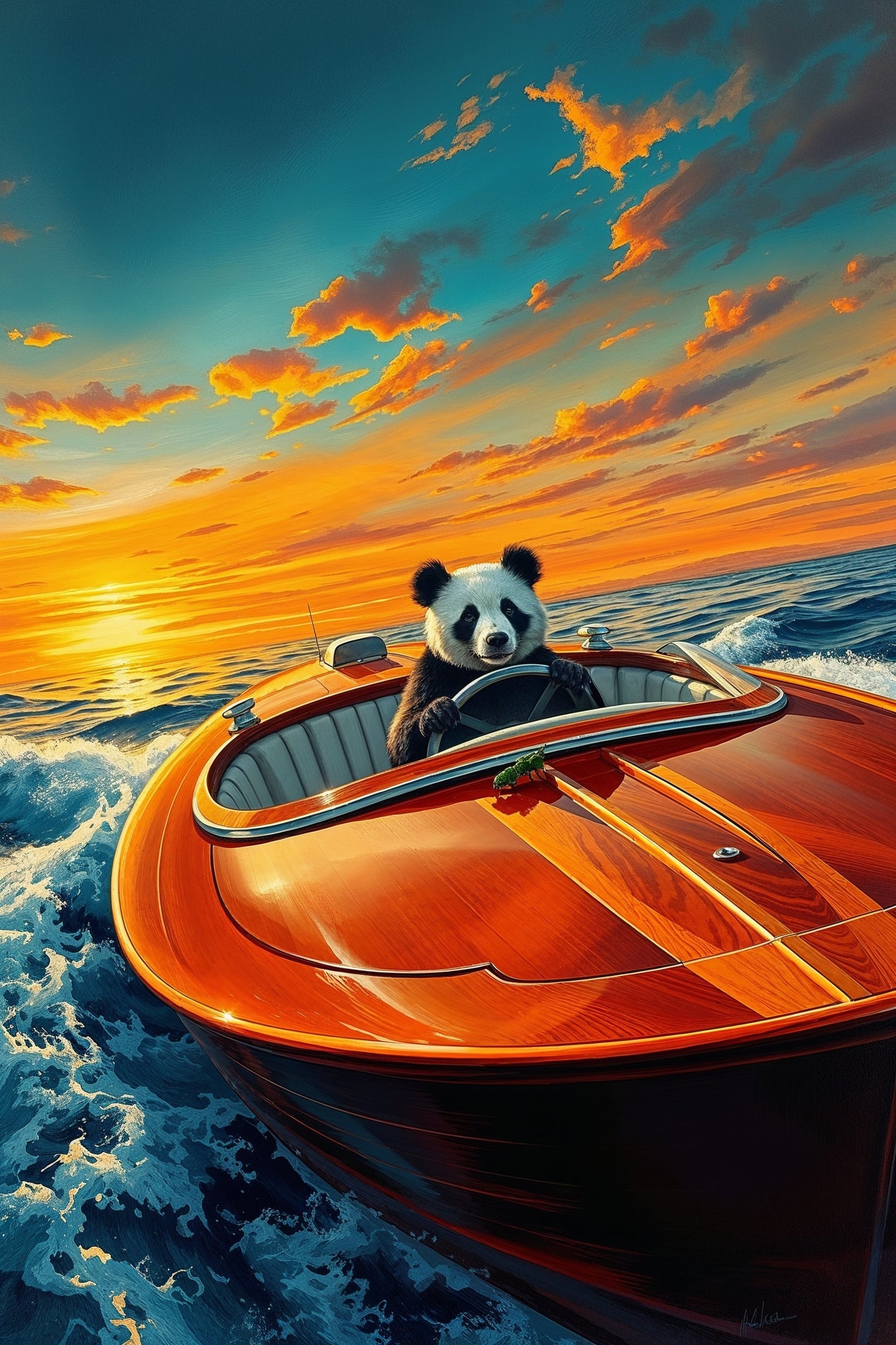 Panda en barco rojo bajo el atardecer dorado | Ilustración de Jean-Pierre Prieur