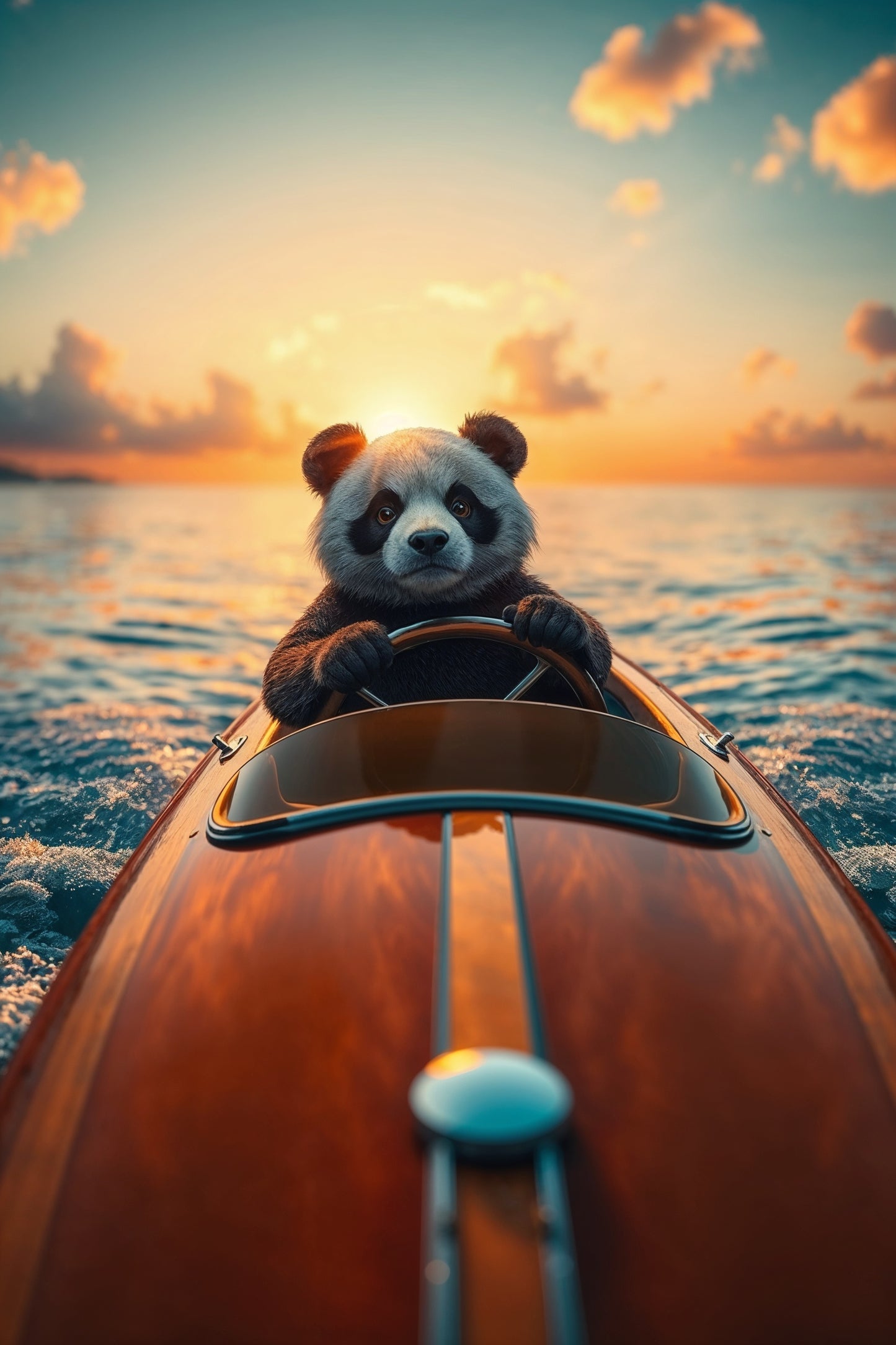 Panda en barco rojo bajo el atardecer dorado | Ilustración de Jean-Pierre Prieur