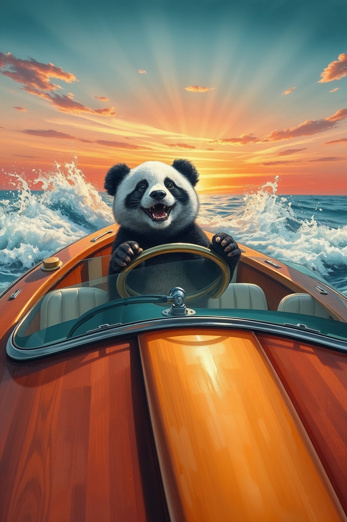 Panda en barco rojo bajo el atardecer dorado | Ilustración de Jean-Pierre Prieur