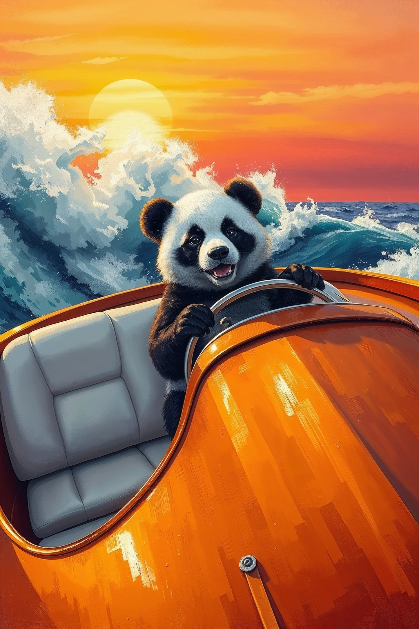 Panda en barco rojo bajo el atardecer dorado | Ilustración de Jean-Pierre Prieur