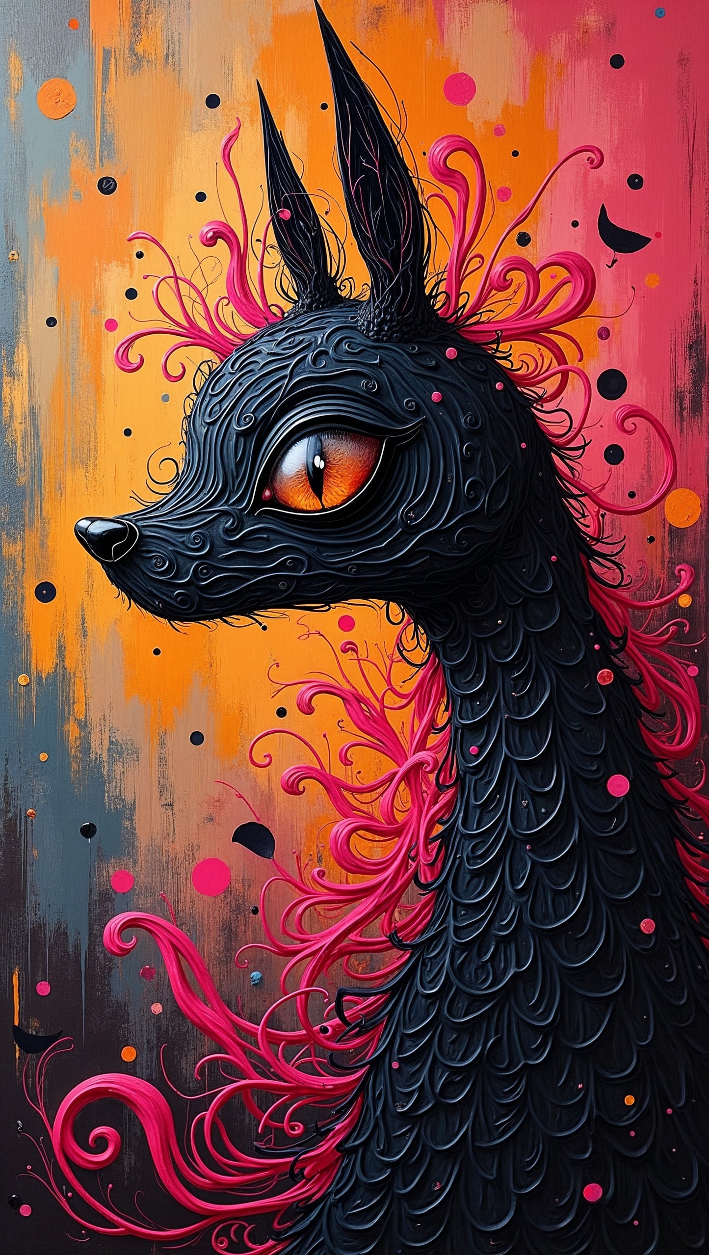 Créature aux Écailles Noires et Vagues Fuchsia | Fantasy Art