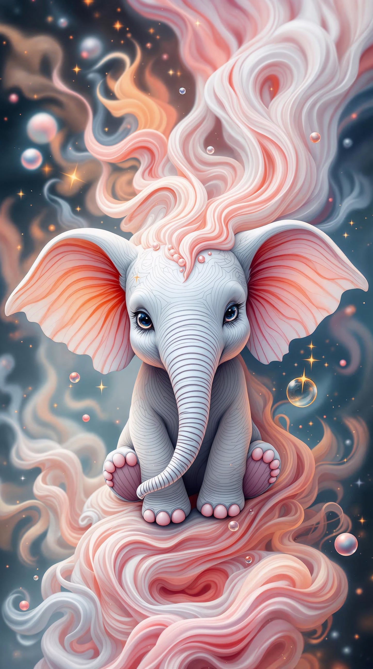 Éléphant Lumineux et Nuages Féeriques : Illustration
