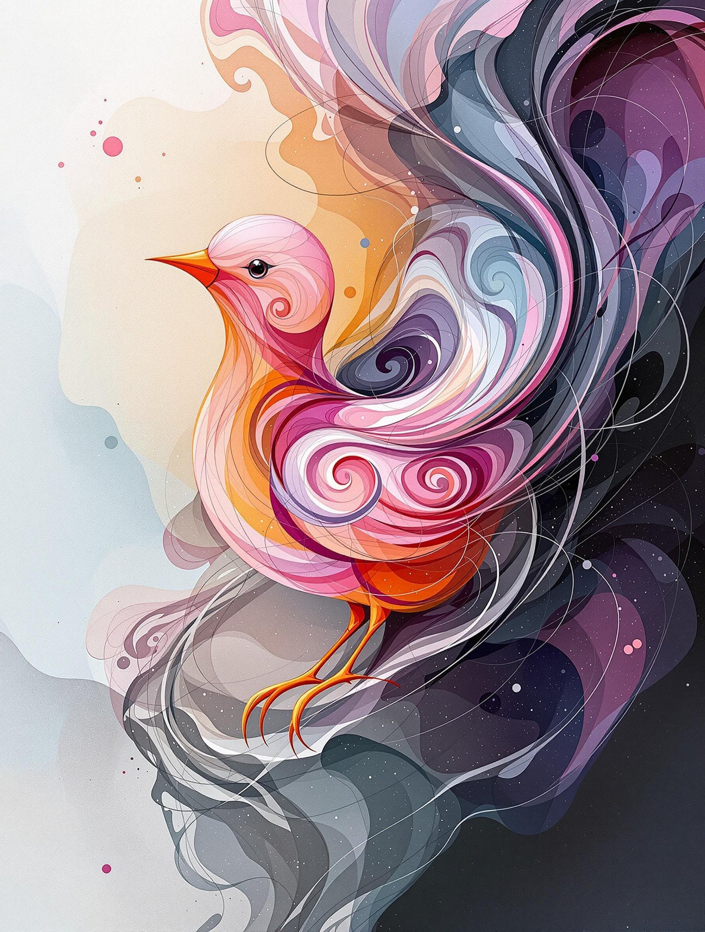 Oiseau aux plumes rose, orange et violet sur fond abstrait | Jean-Pierre Prieur
