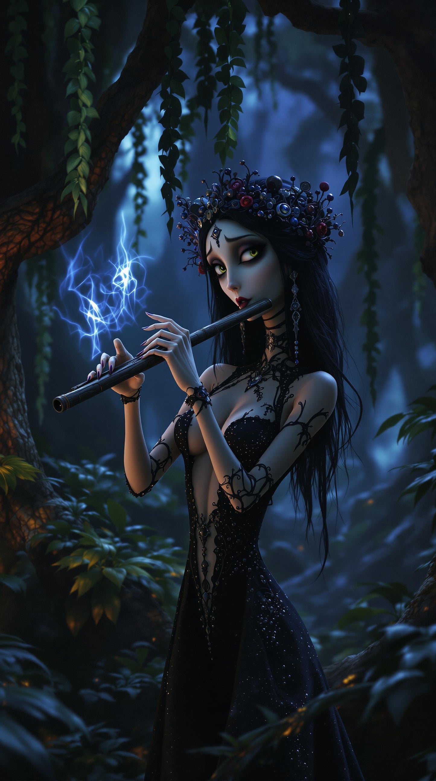 Hada hechicera tocando la flauta: ilustración de Jean-Pierre Prieur