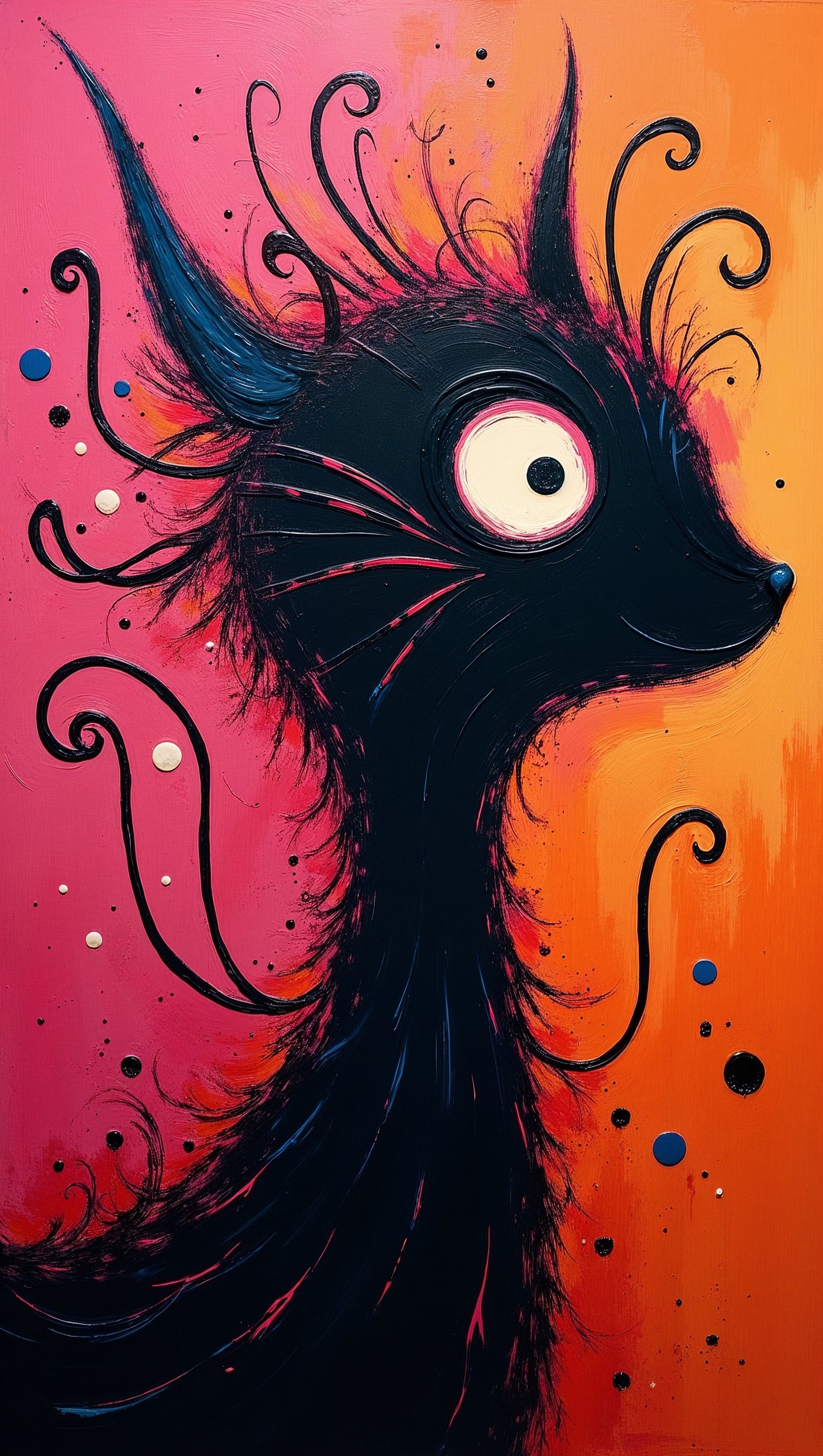Portrait Félin Noir avec Yeux Saisissants et Fond Rose | Fantasy Art