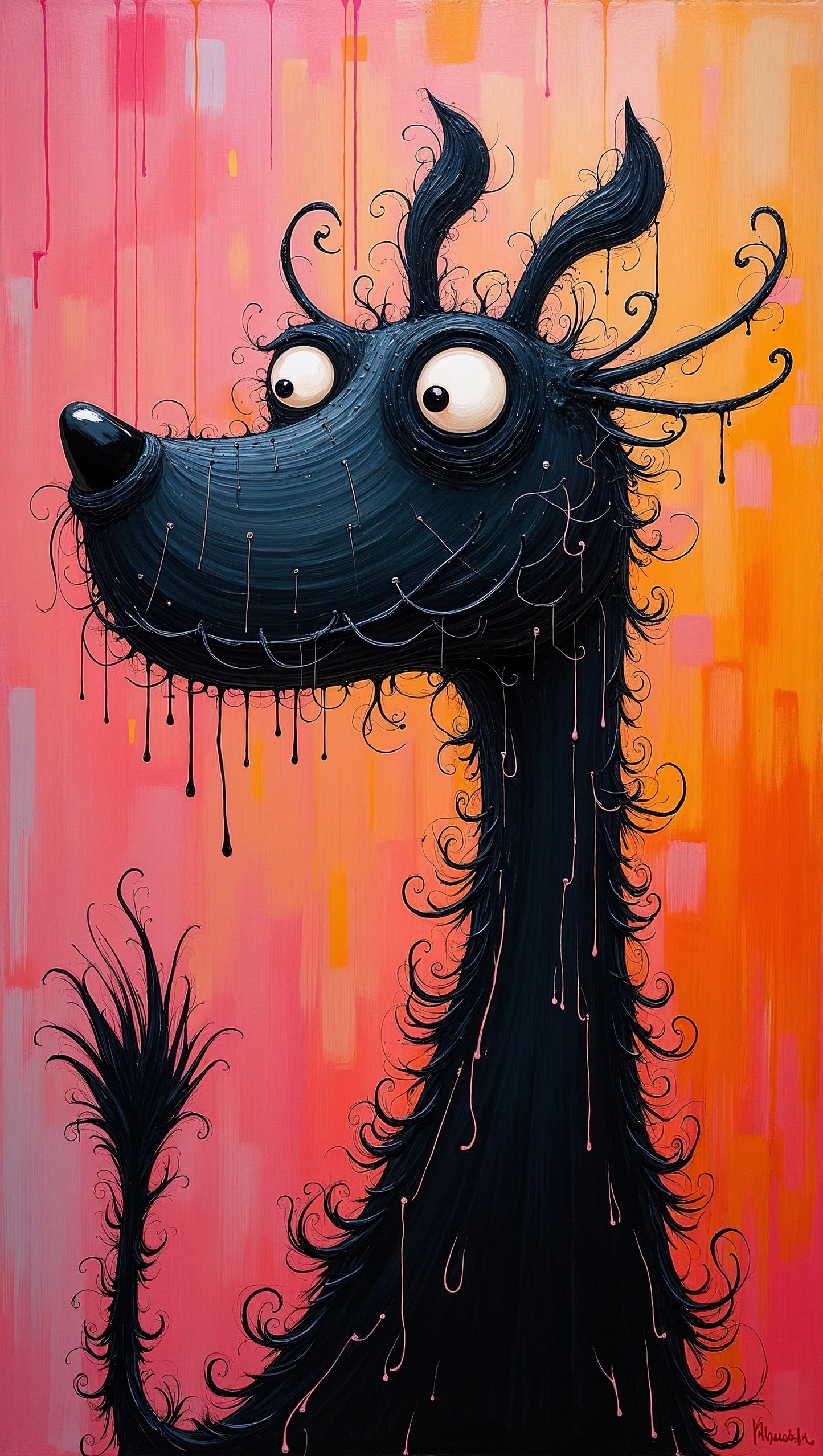 Criatura mística negra con mirada expresiva sobre fondo rosa | Arte de fantasía