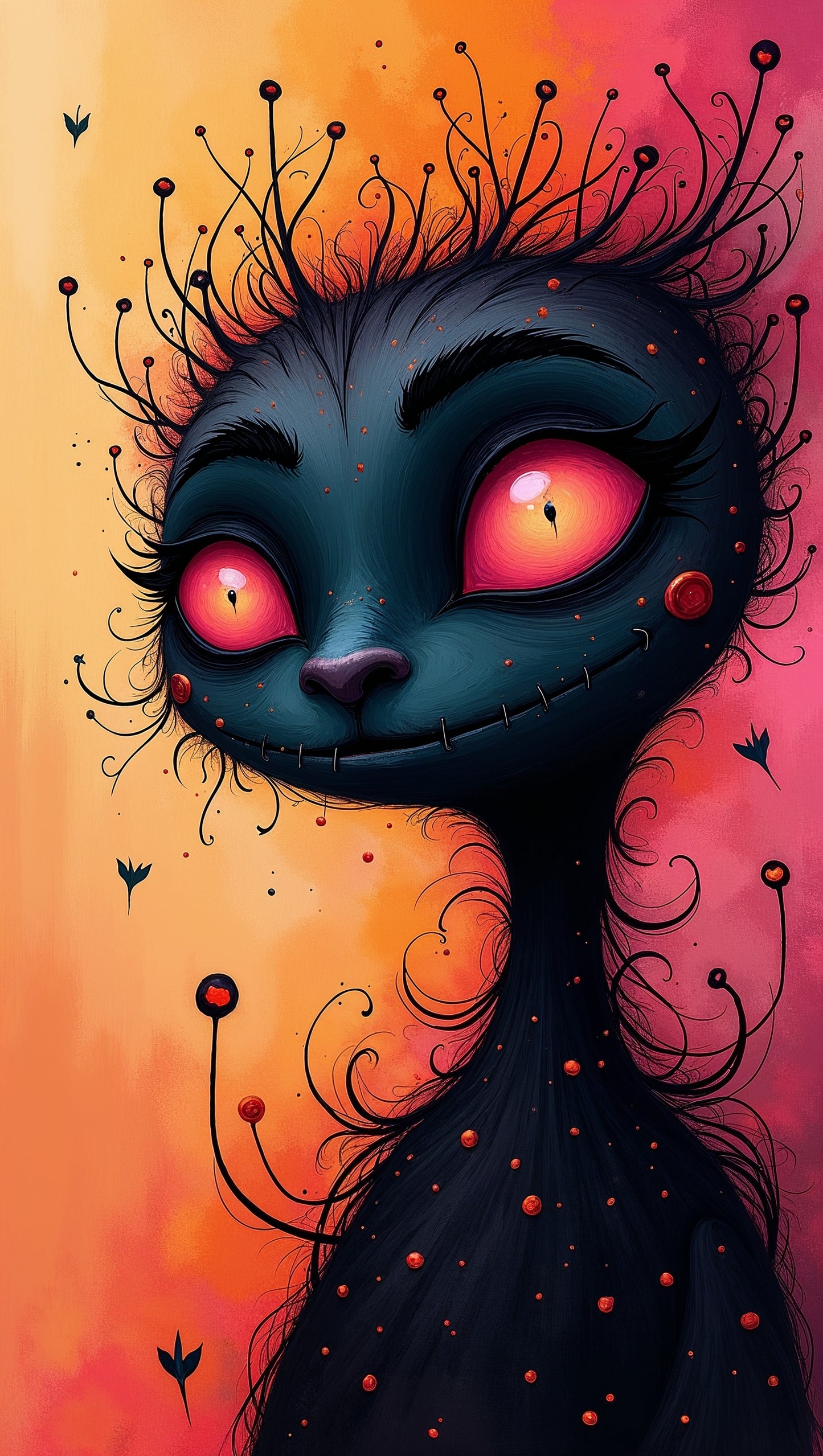 Créature Mystique aux Yeux Lumineux dans un Dégradé Orange et Rose | Fantasy Art