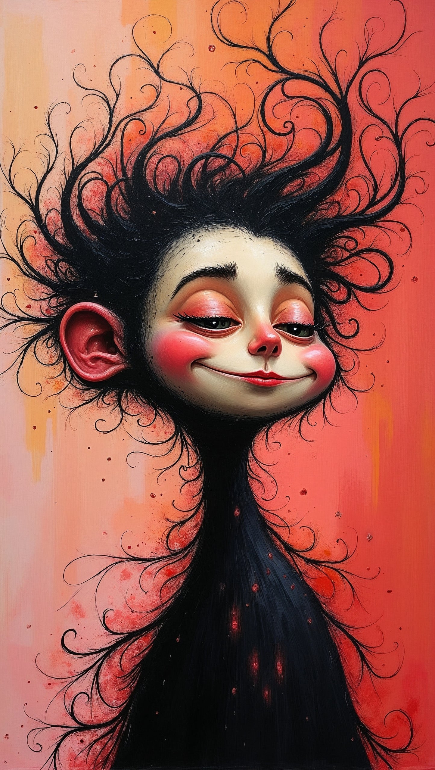 Portrait Surréaliste au Sourire Malicieux et Cheveux Tourbillonnants | Fantasy Art