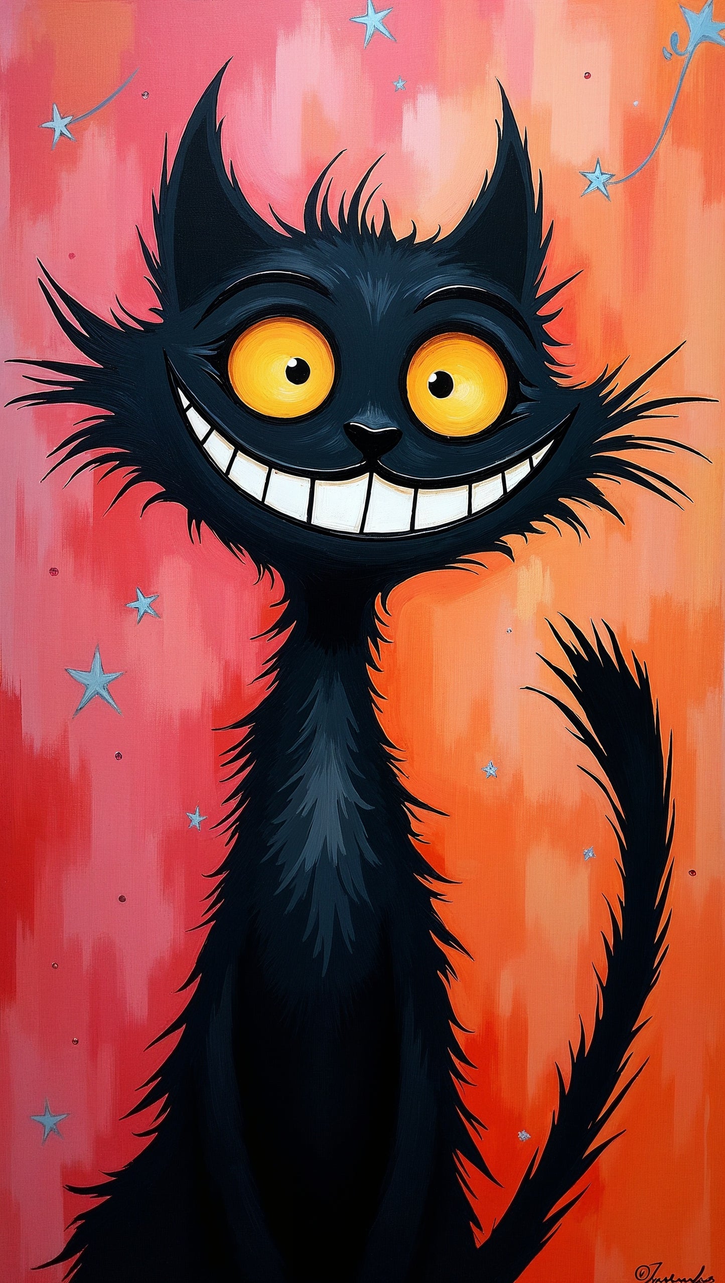 Chat Noir Souriant sous un Ciel Étoilé | Fantasy Art