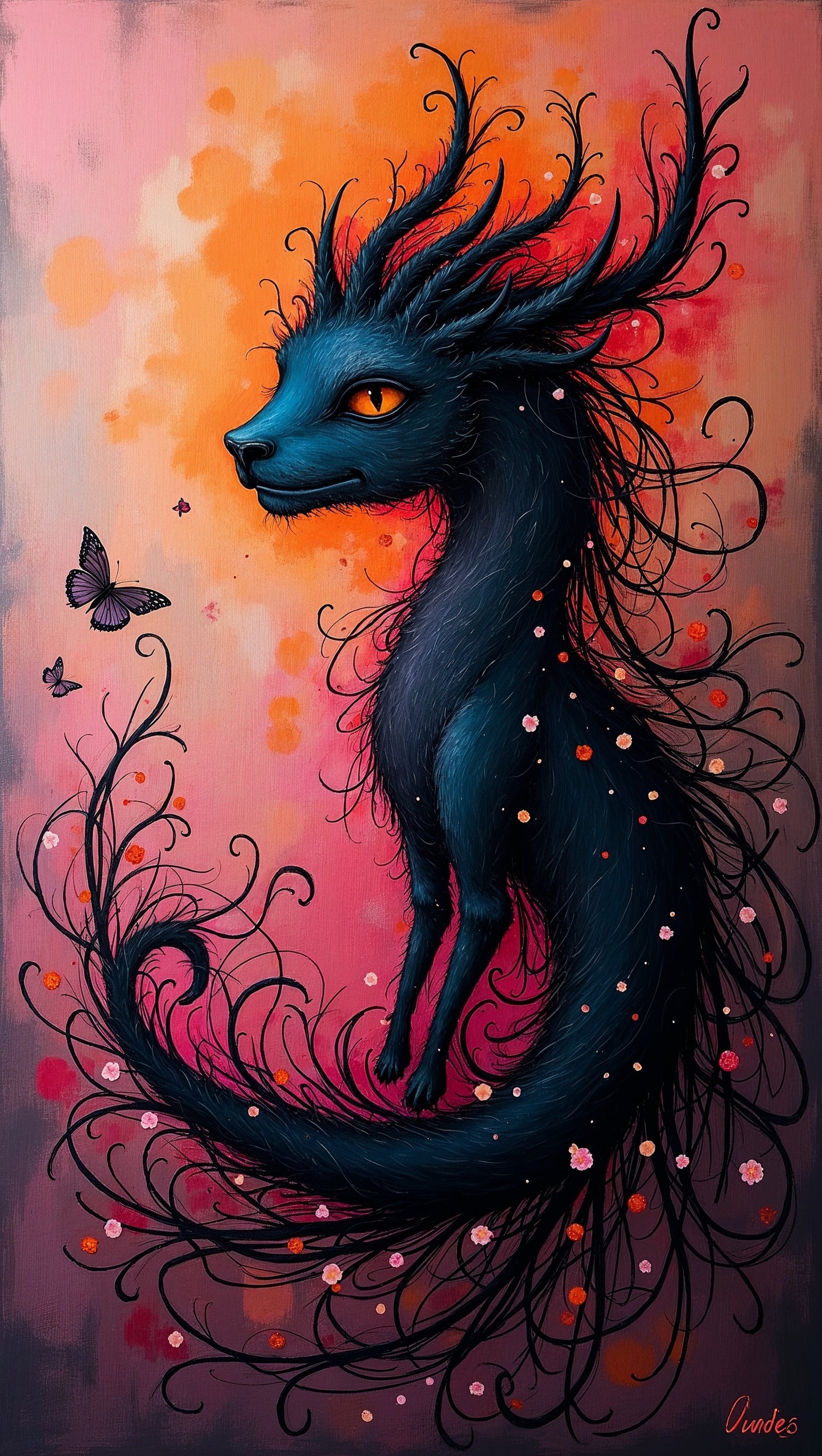 Criatura mística con mariposas y flores | Arte de fantasía