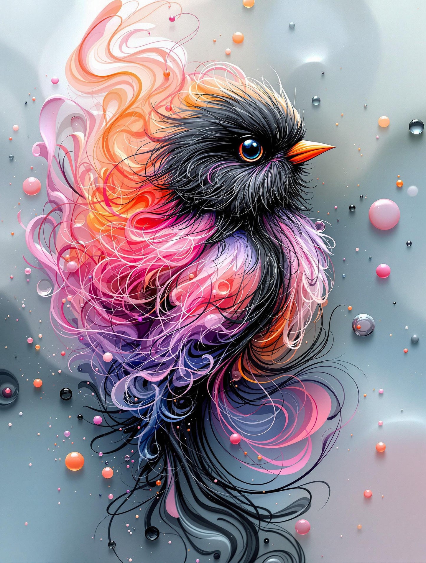 Oiseau noir aux plumes rose, violet et orange | Illustration Moderne | Jean-Pierre Prieur