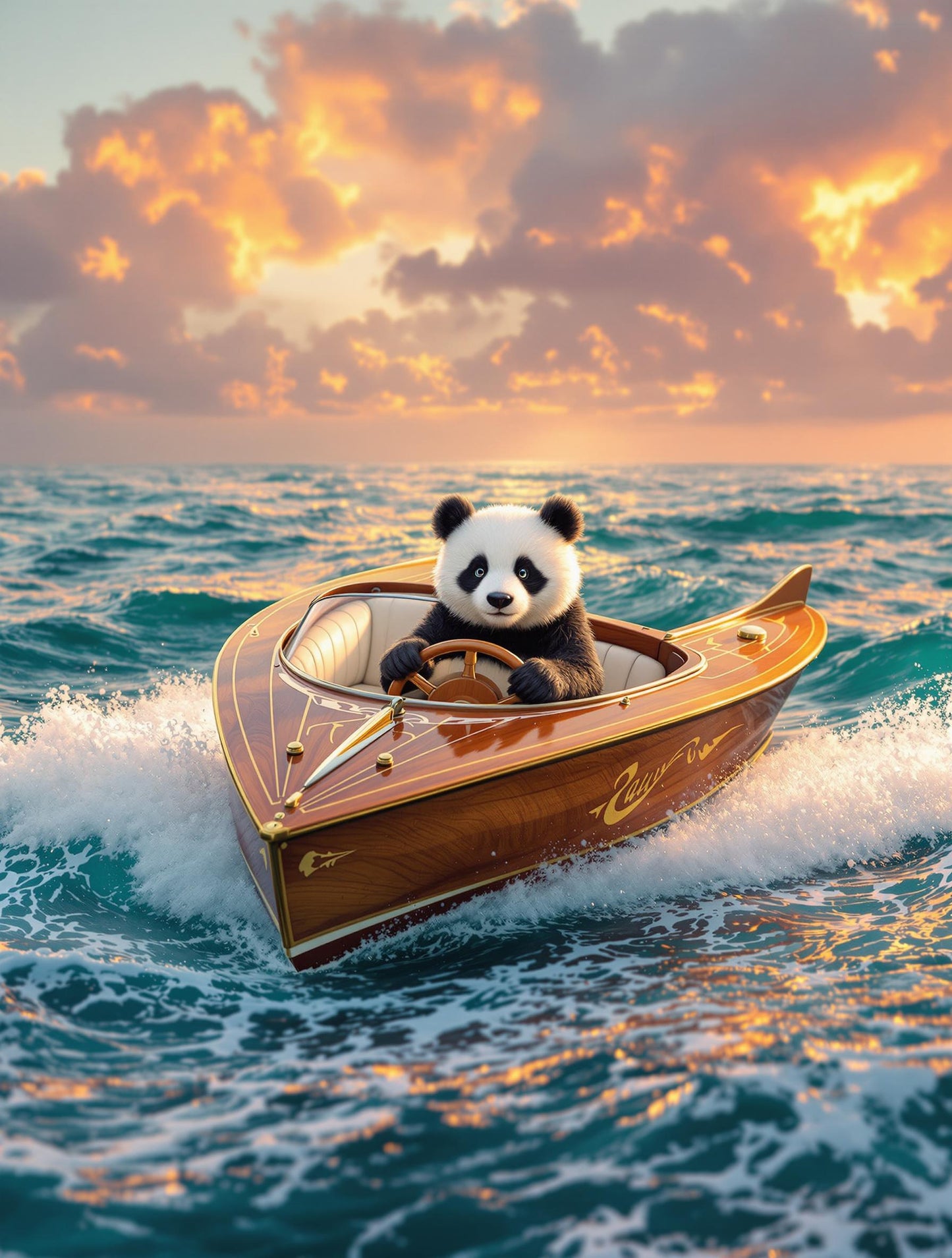 Panda Naviguant sur un Bateau en Bois | Jean-Pierre Prieur - Mystic Art