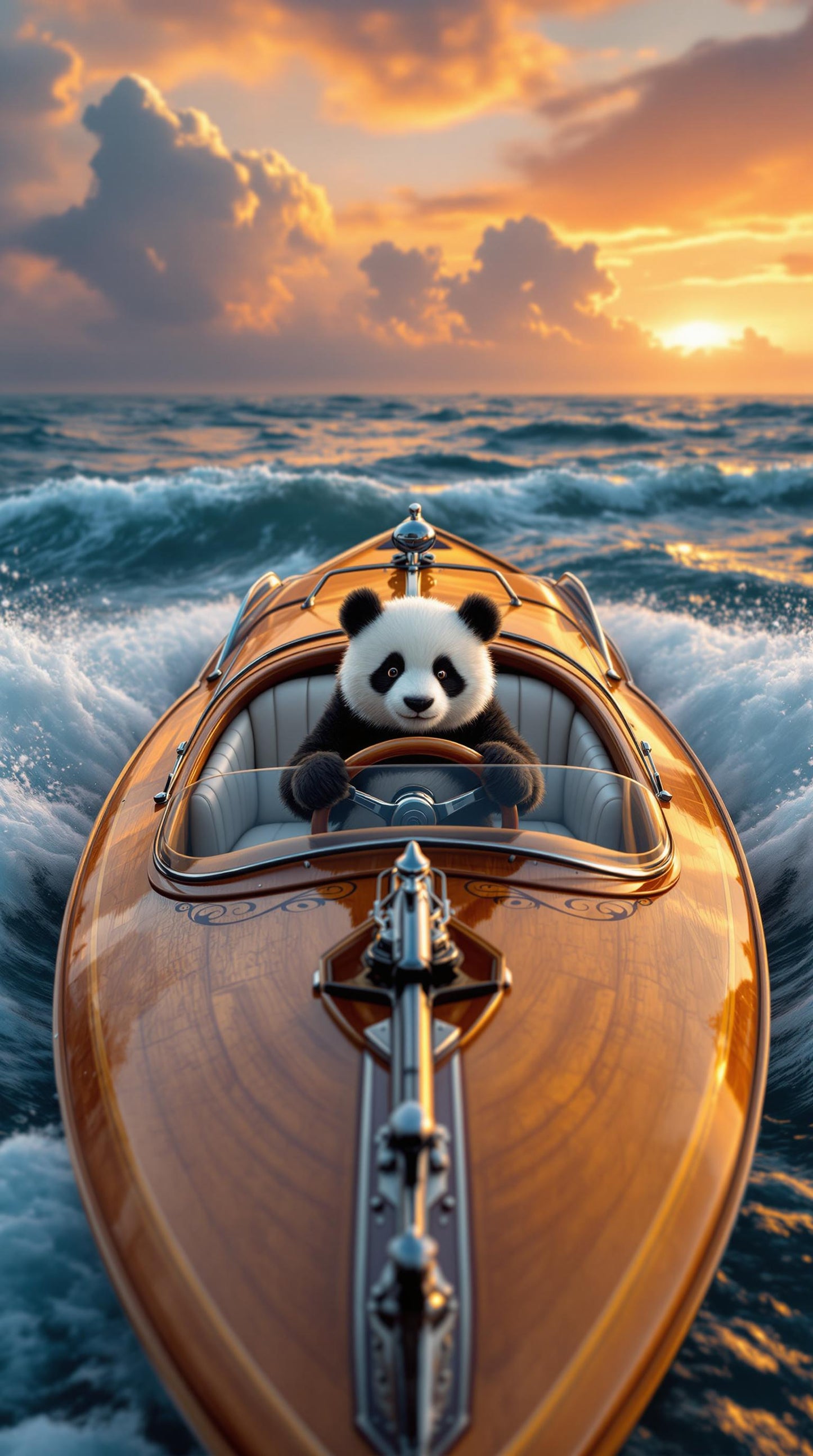 Panda sur un Bateau en Bois au Coucher de Soleil | Jean-Pierre Prieur - Mystic Art