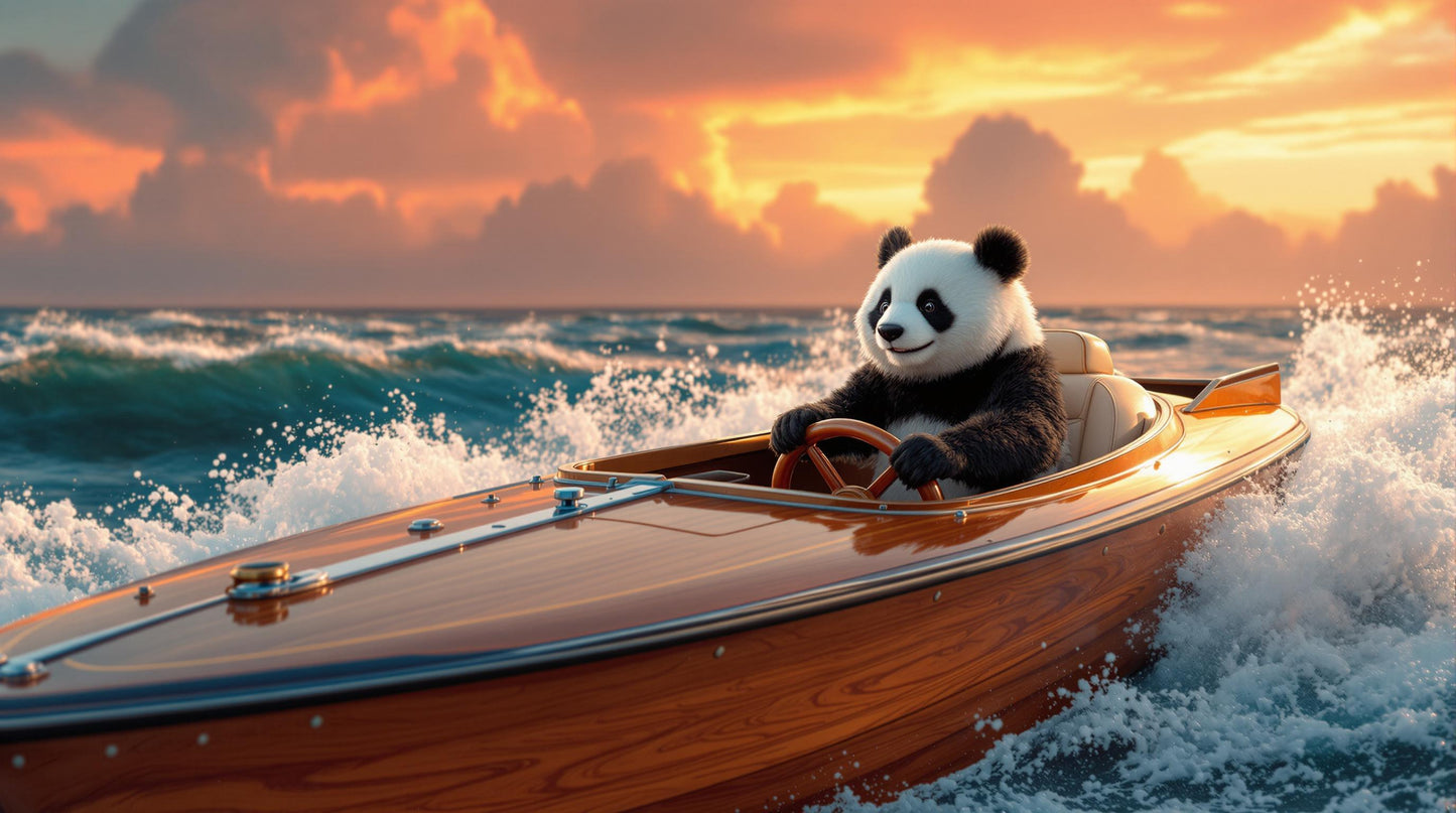 Panda en barco rojo bajo el atardecer dorado | Ilustración de Jean-Pierre Prieur