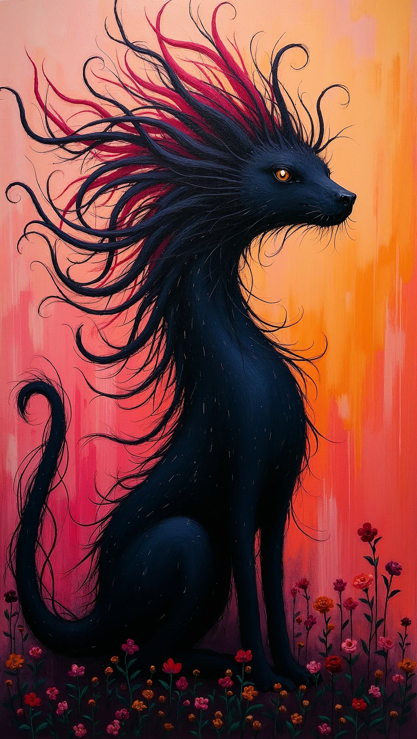 Créature Noire Élégante avec Crinière Rouge en Fleurs | Fantasy Art