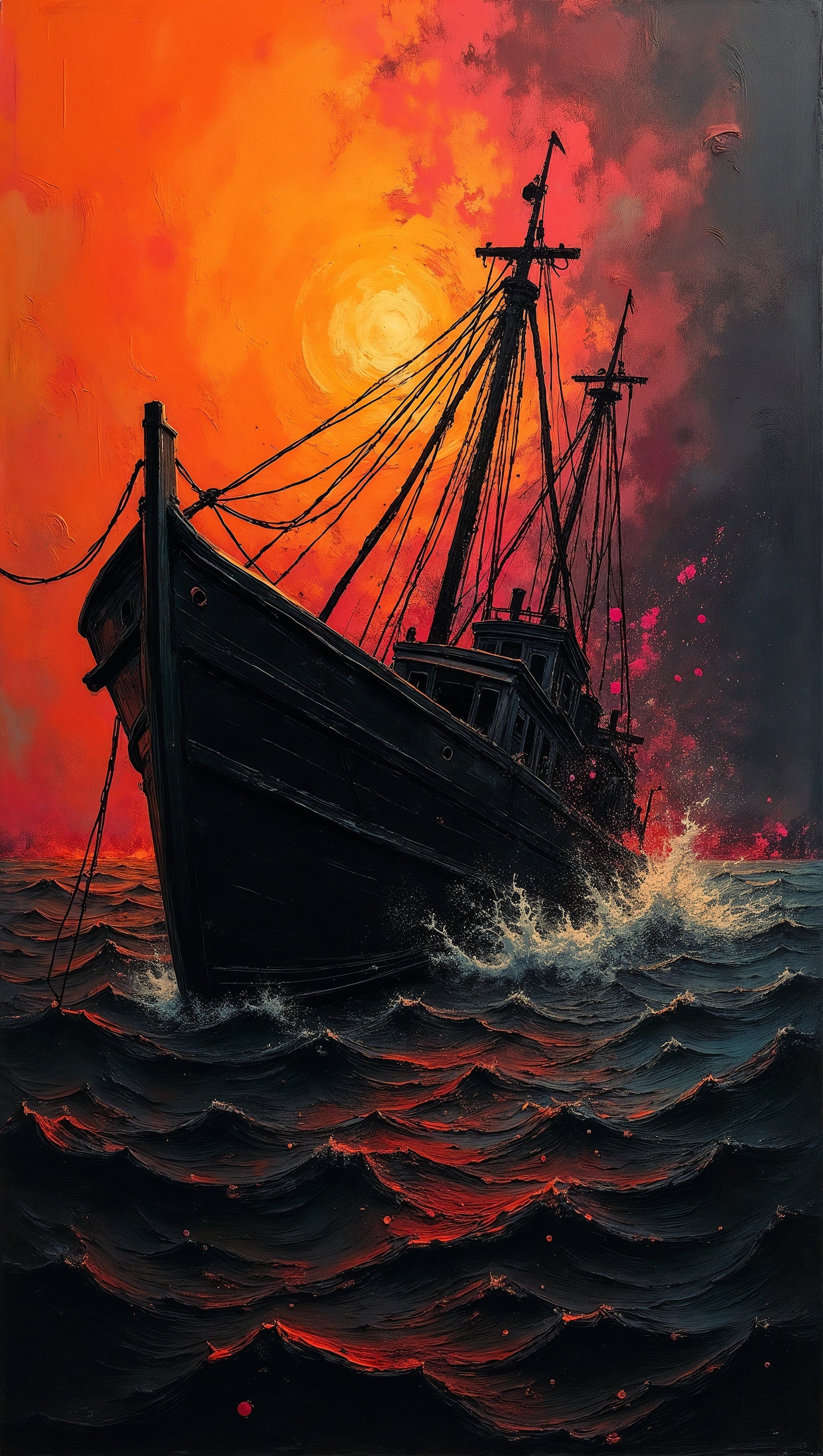 Navire Noir dans les Vagues Enflammées | Coucher de Soleil Dramatique