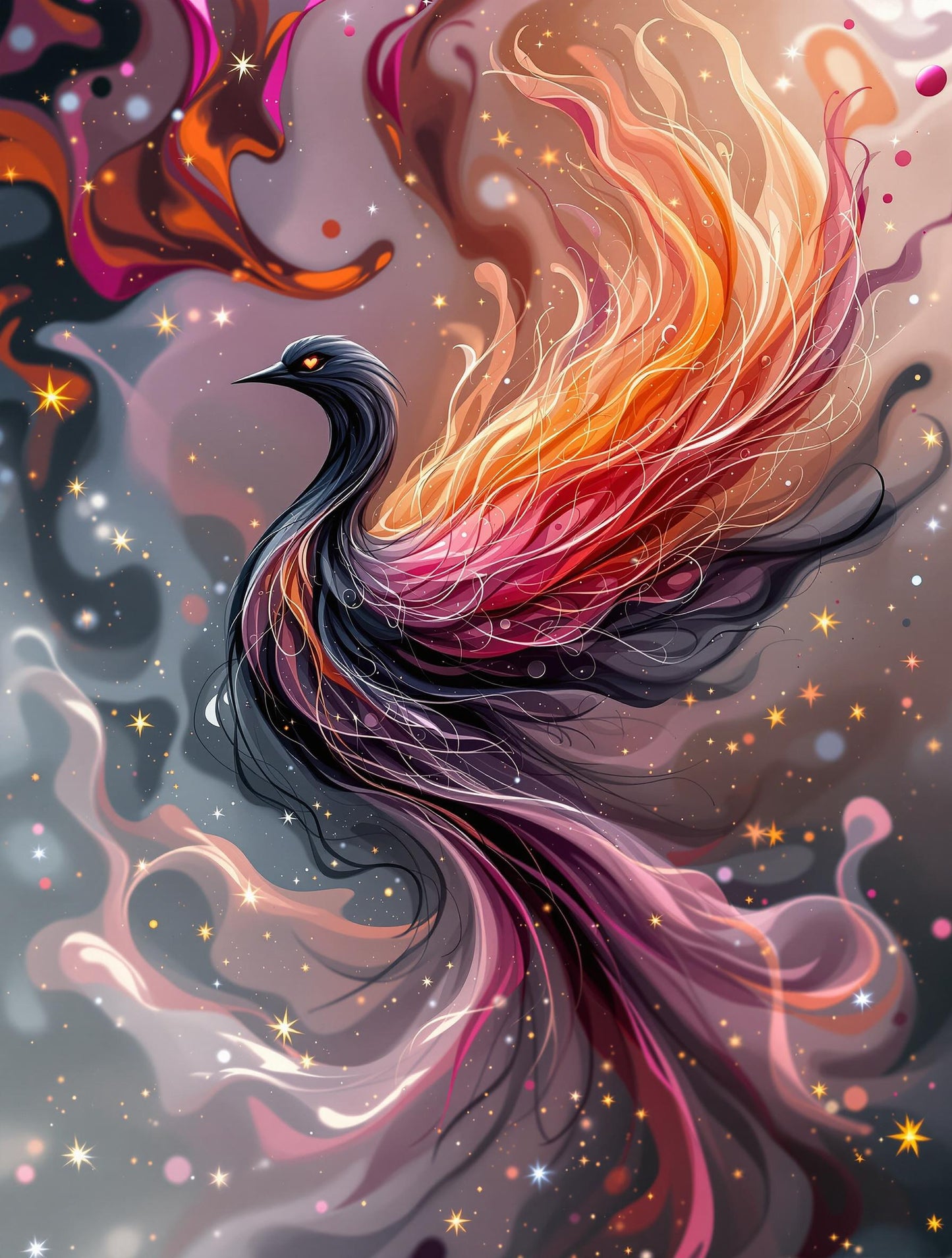 Oiseau Noir au Plumage Flamboyant et Étincelant | Illustration Moderne