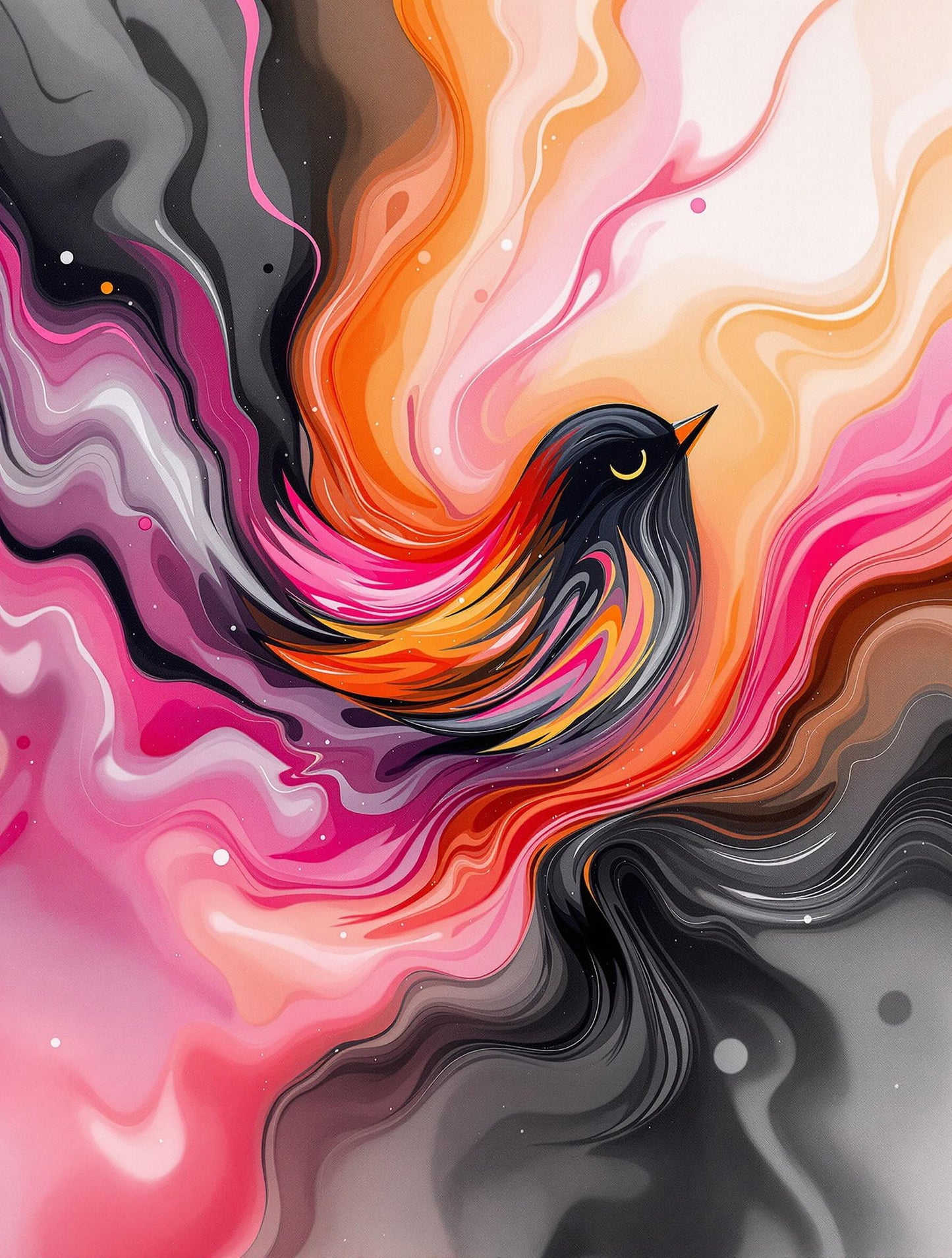 Oiseau Noir et Orange au Cœur d’un Tourbillon de Feu et Rose | Illustration Moderne