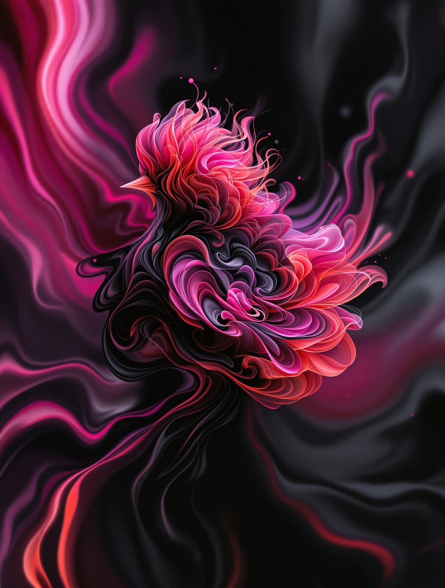 Oiseau Noir et Rose aux Plumes Déployées Abstrait | Illustration Moderne