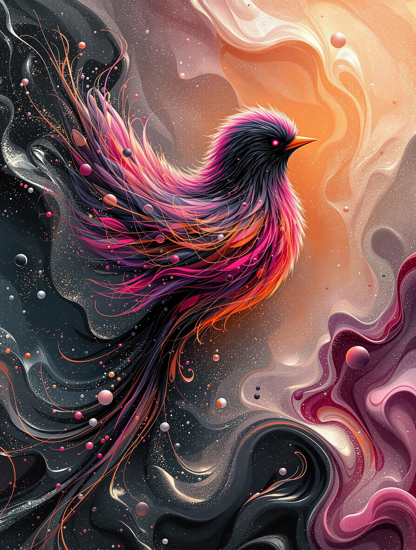 Oiseau Noir et Rose aux Plumes Déployées sur un Fond Doré | Illustration Moderne
