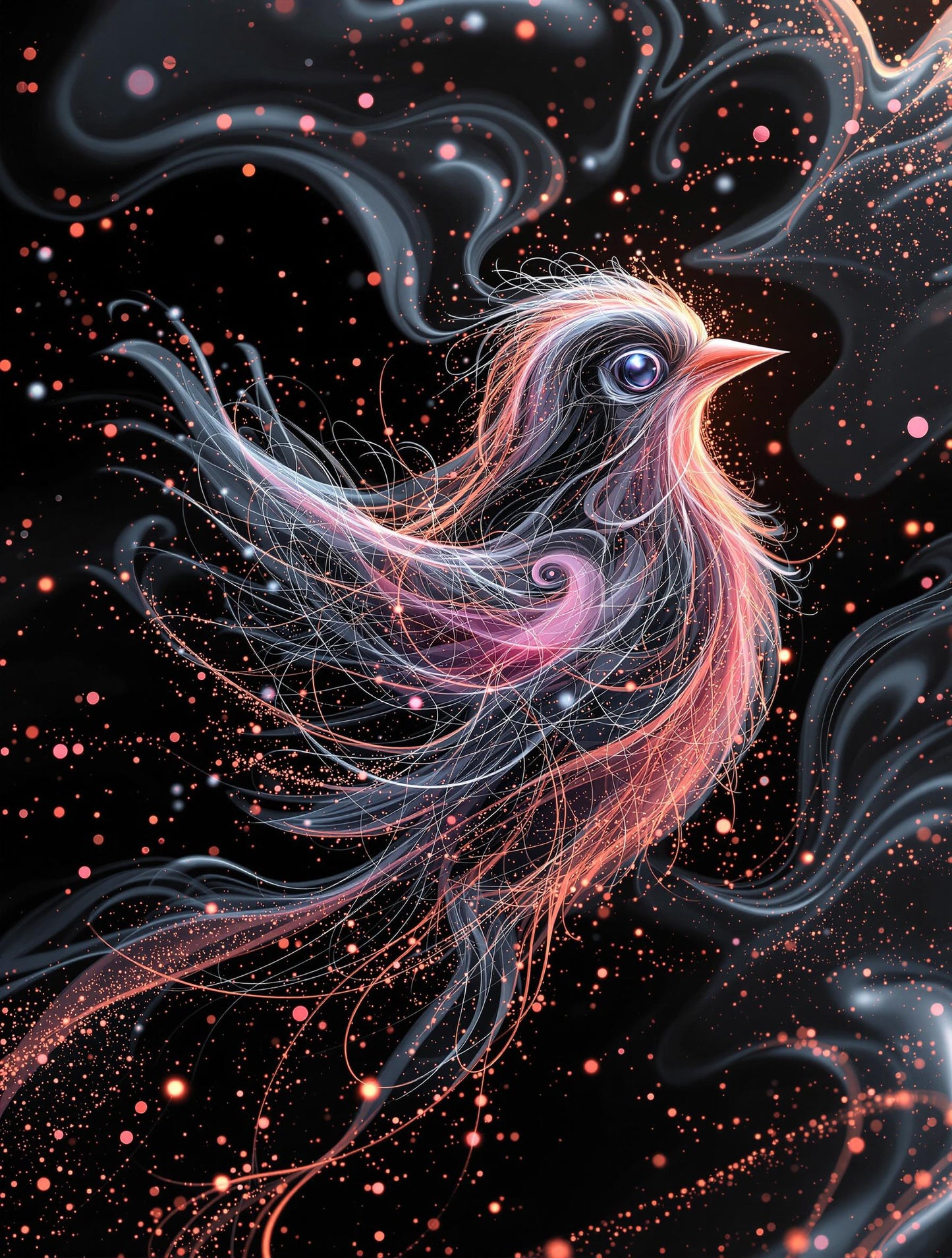 Oiseau Noir et Rose aux Plumes Filamentaires et Scintillantes | Illustration Moderne