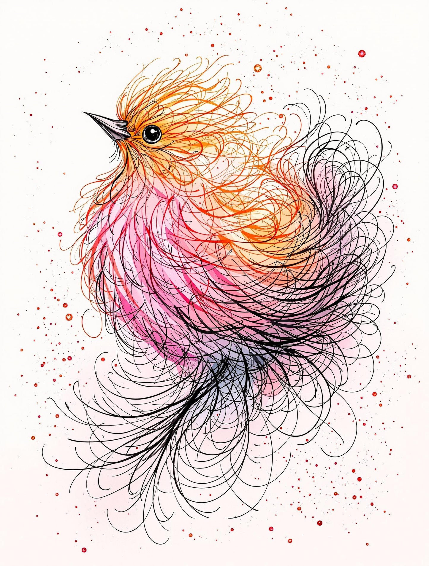 Oiseau Orange et Rose aux Plumes Fines et Dynamique | Illustration Moderne