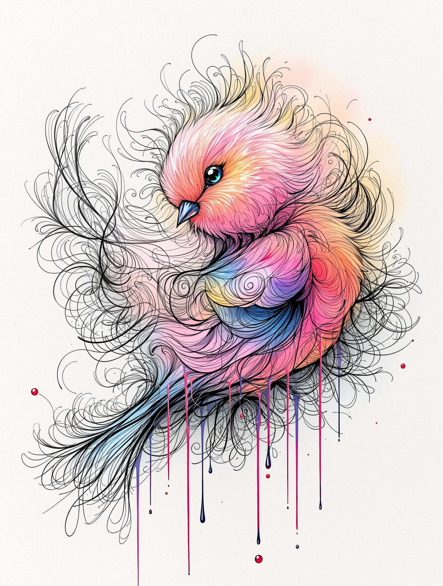 Oiseau Rose et Bleu aux Plumes Fines et Fluides | Illustration Moderne