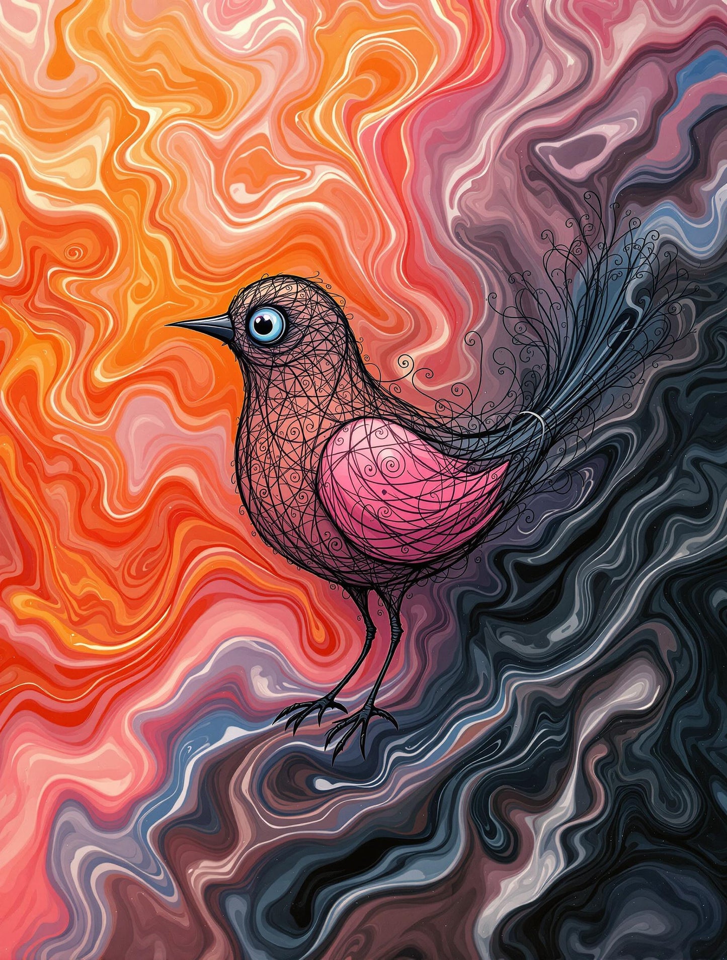 Oiseau filigrane rose et noir sur fond tourbillonnant | Illustration Moderne