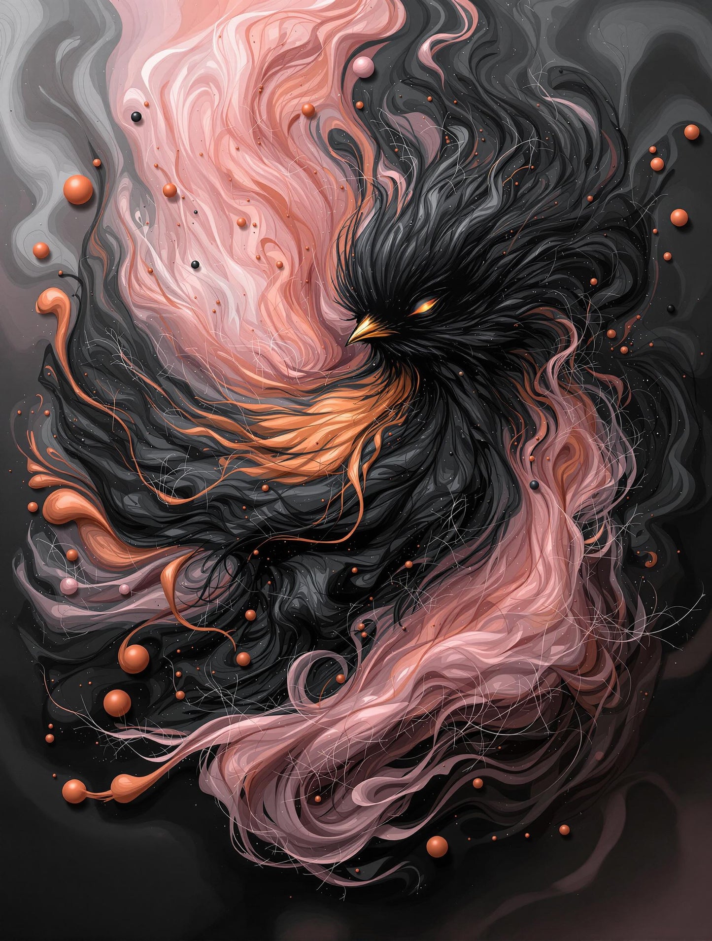 Oiseau noir et rose aux nuances fluides | Illustration Moderne