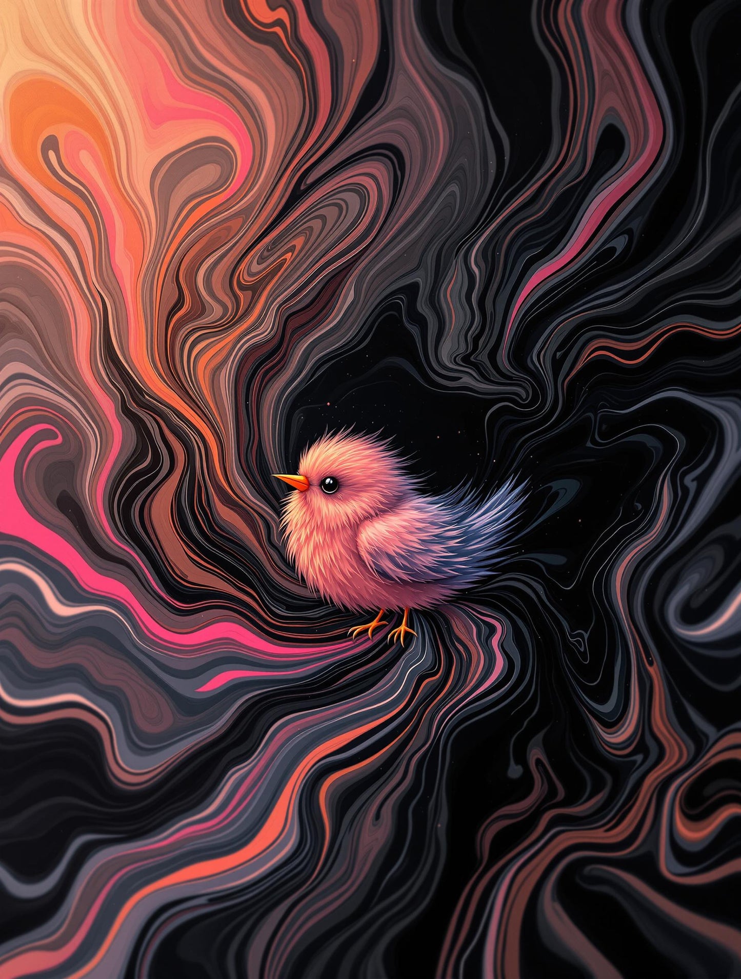 Petit Oiseau Rose et Bleu sur un Tourbillon Noir et Orange | Illustration Moderne