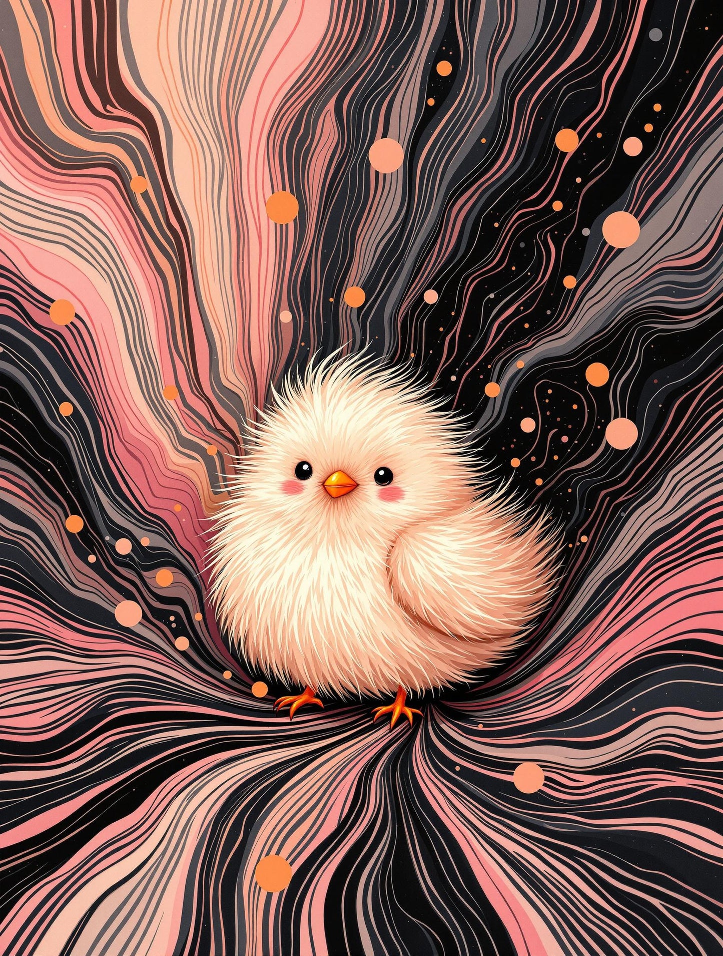 Petit poussin duveteux sur fond noir et rose | Illustration Moderne
