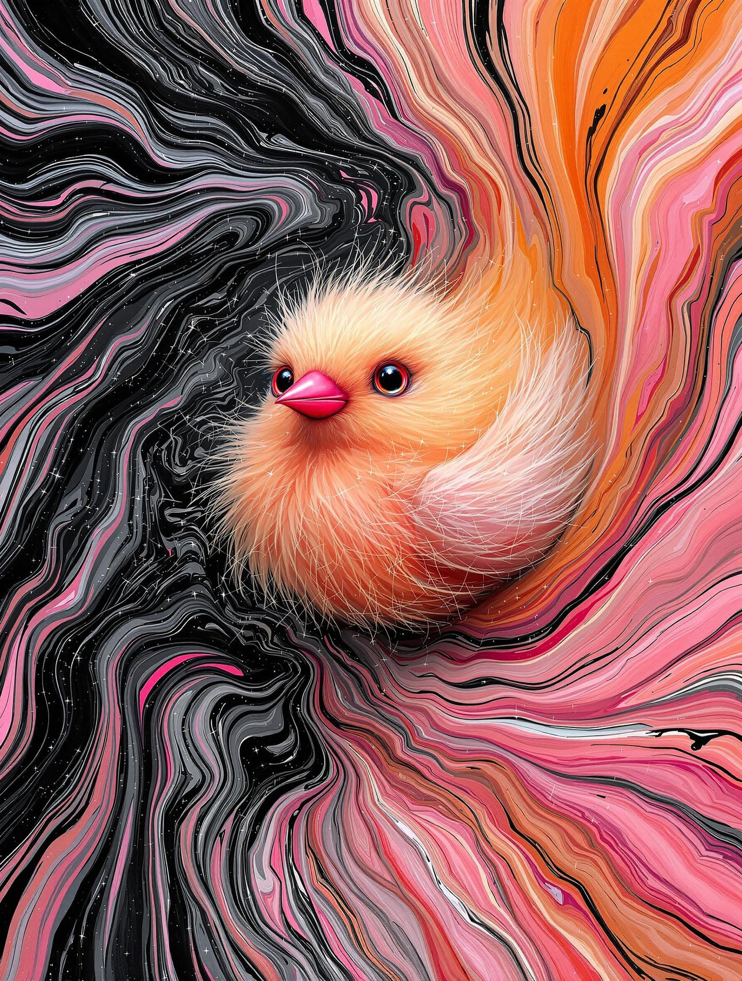 Poussin Doré au Bec Rose | Tourbillon DE COULEURS | Illustration Moderne