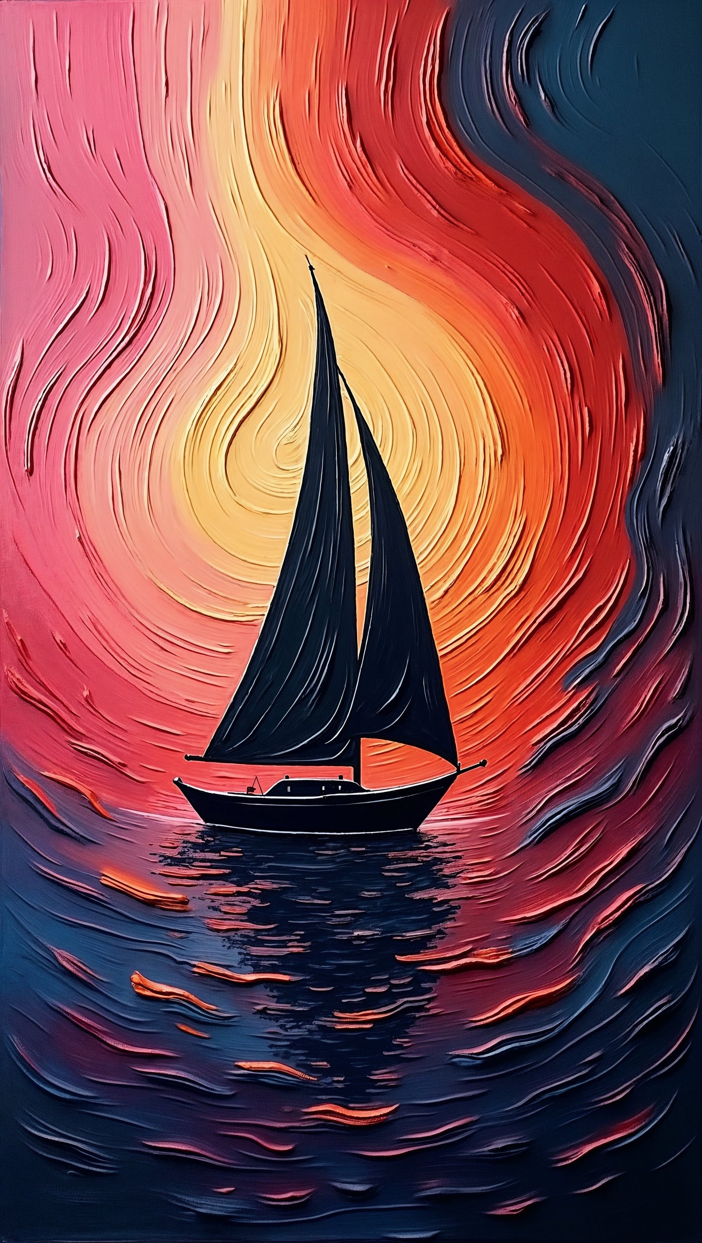 Voilier Noir au Coucher de Soleil | Illustration Abstraite et Colorée