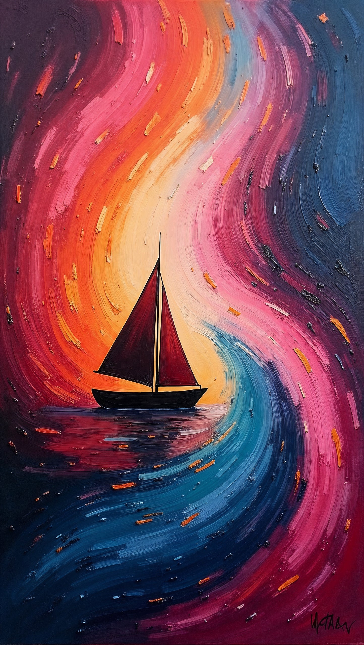 Voilier Rouge dans une Tempête de Couleurs | Art Abstrait et Vibrant