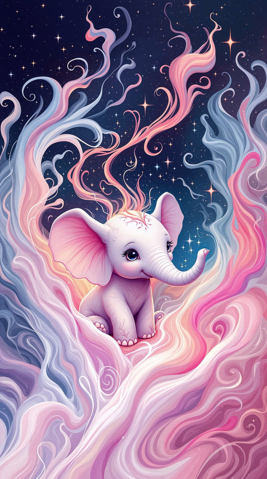 Ilustración: Pequeño elefante y galaxias brillantes