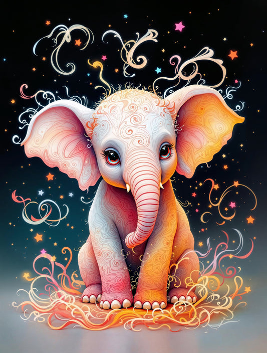 Elefante mágico con patrones coloridos.