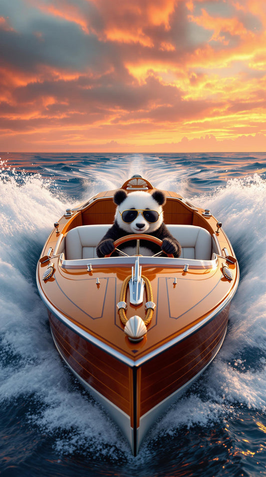 4 - Panda en Yacht au Coucher Orange et Rose | Jean-Pierre Prieur - Illustration Réaliste